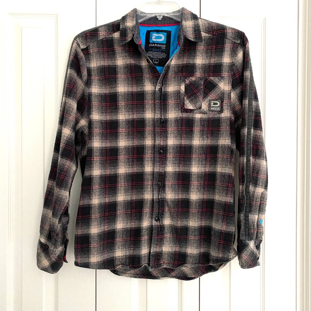 Darring USA Mens Flannel Plaid Cotton Button-Down Shirt Size L Black Red Beige